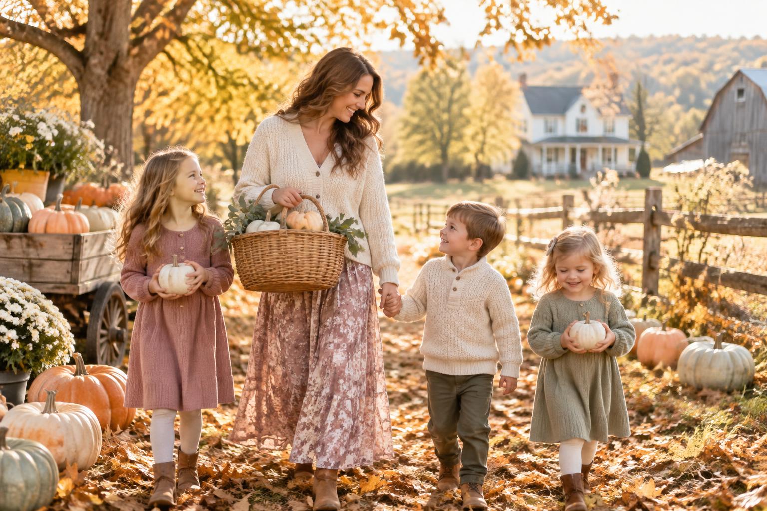 A joyful mother and her three children gathering golden autumn leaves at a calm farm with pale pumpkins