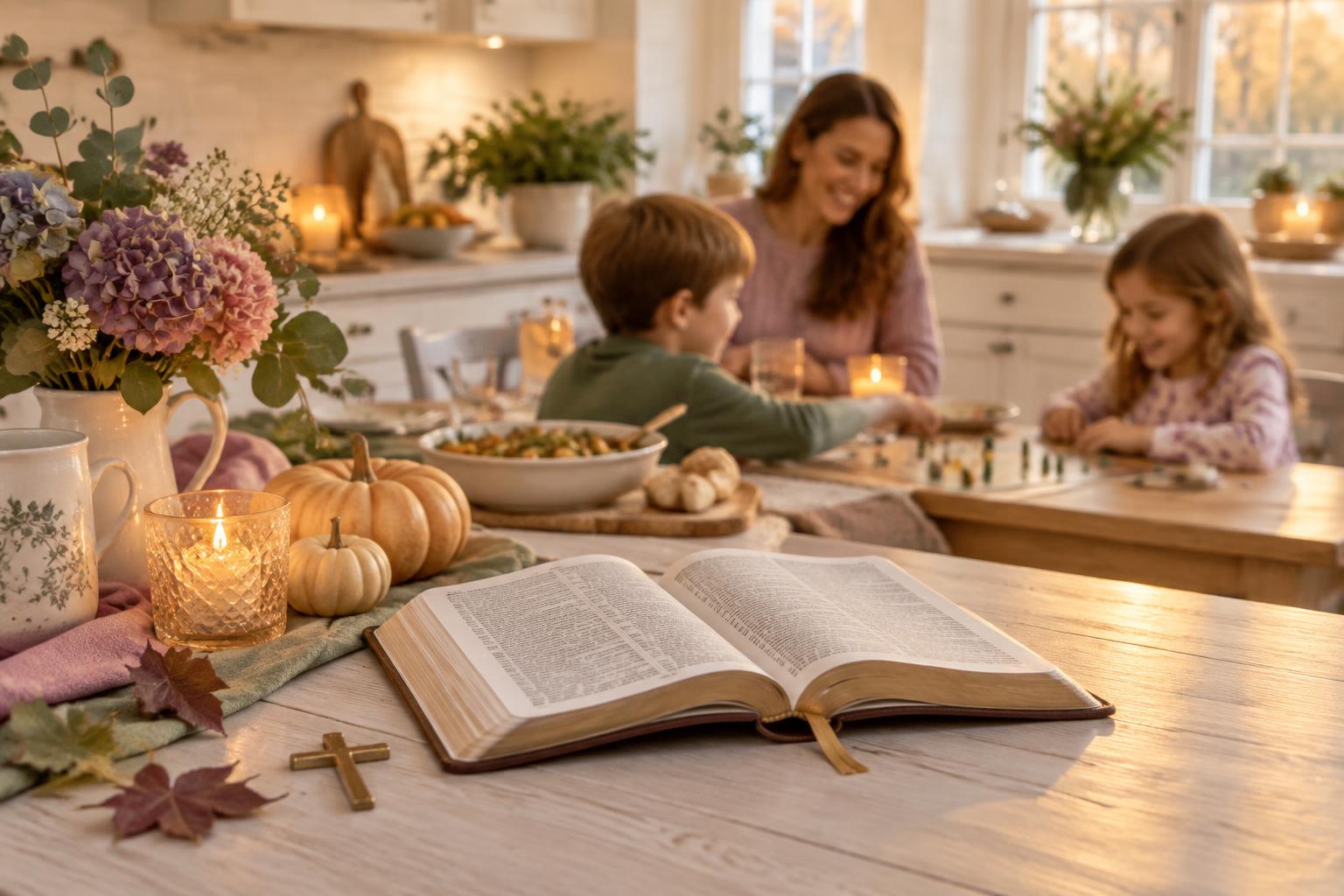 A peaceful autumn evening in a bright farmhouse kitchen with an open Bible, a small gold cross, and a lit candle beside pale pumpkins