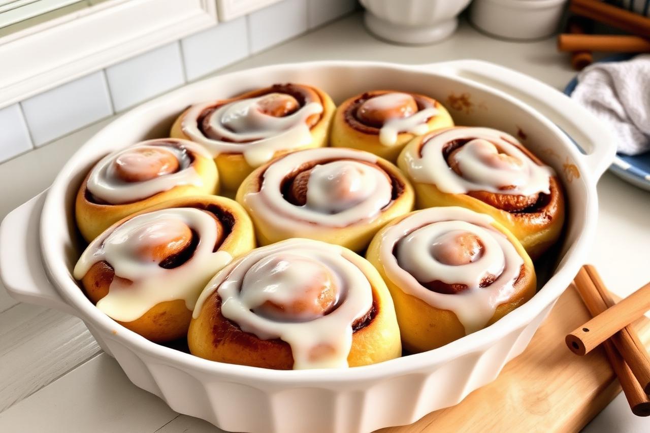A white ceramic dish of homemade cinnamon rolls covered in cream cheese glaze on a farmhouse counter