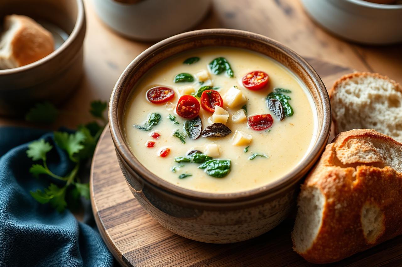 A rustic bowl of creamy Marry Me chicken soup with sun-dried tomatoes and spinach beside crusty bread