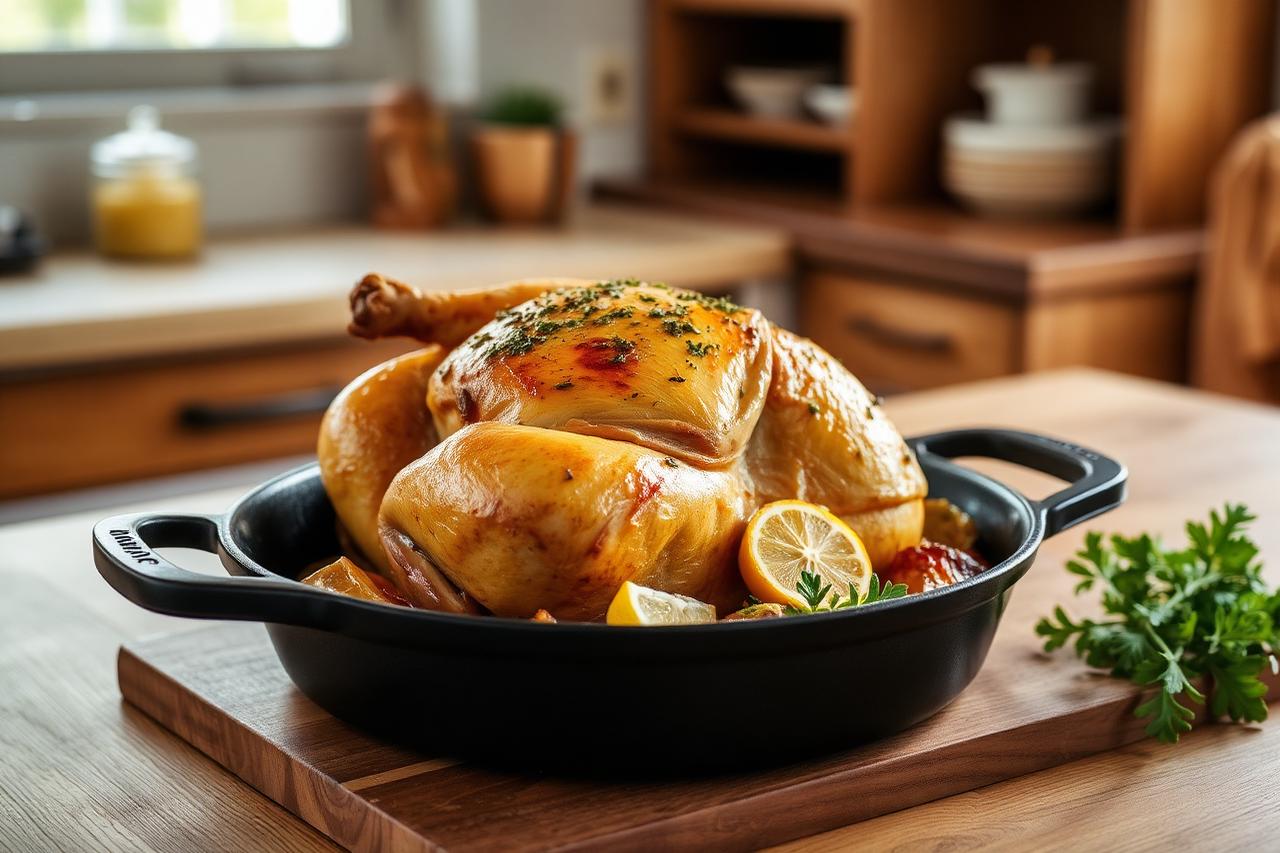 A golden oven roasted whole chicken with lemon and herbs in a cast iron skillet in a farmhouse kitchen