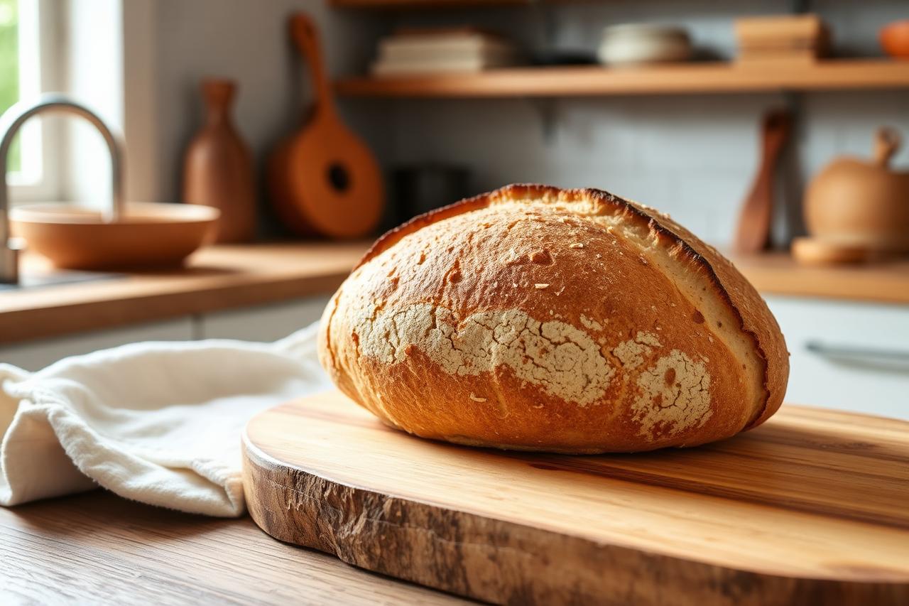 A golden sourdough boule with a crackled crust resting on a wooden board in a farmhouse kitchen