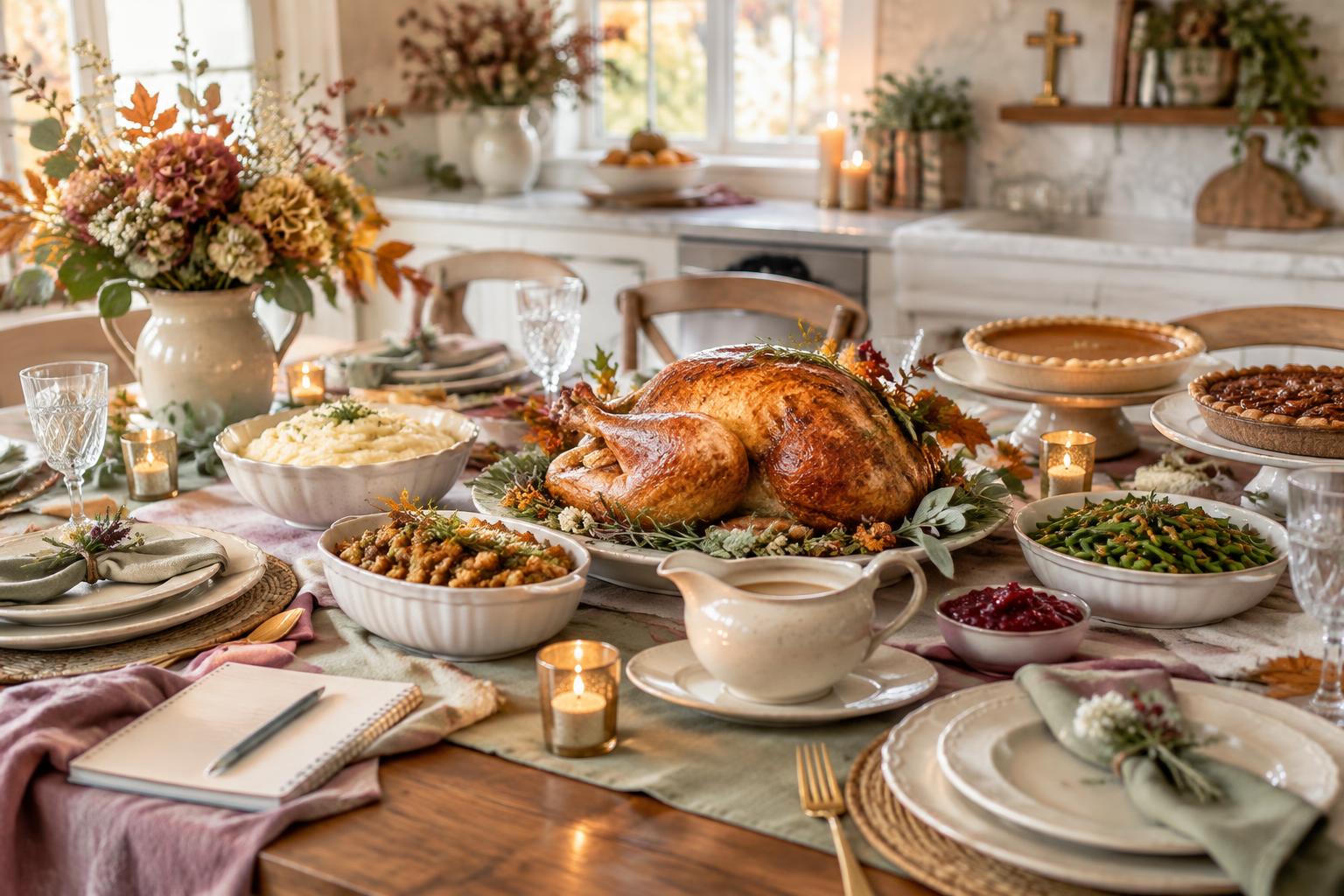 An inviting Thanksgiving table set with roast turkey, side dishes, and a planning notebook